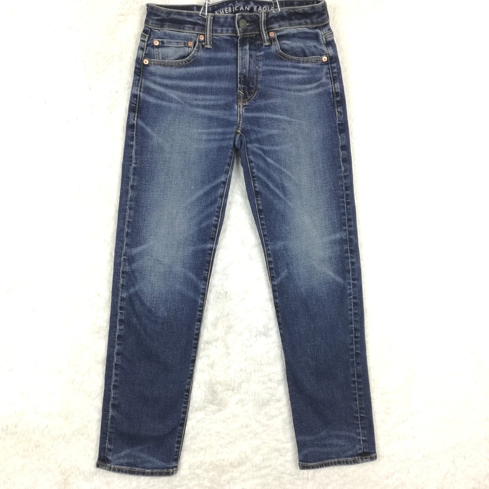 American Eagle Mens Jeans Original Straight Blue Denim Whiskering Stone 28x30